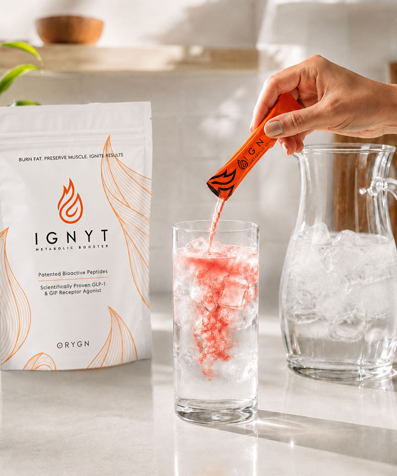 IGNYT bag with a stick pouring into a glass of water